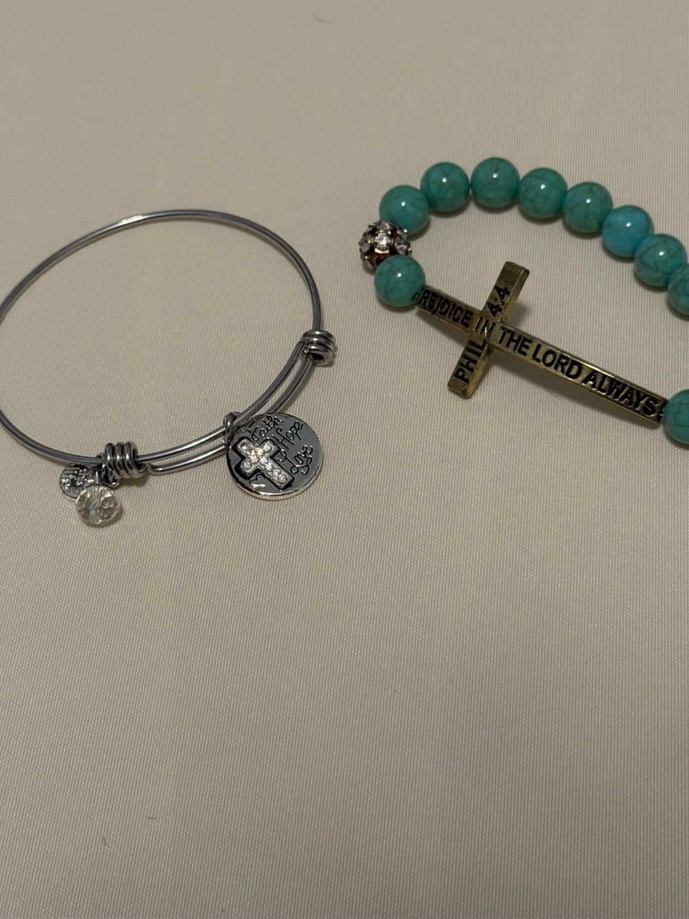 Turquoise Beaded Cross Stretch Bracelet (Phil 4:4) & Silver Charm Bangle Set